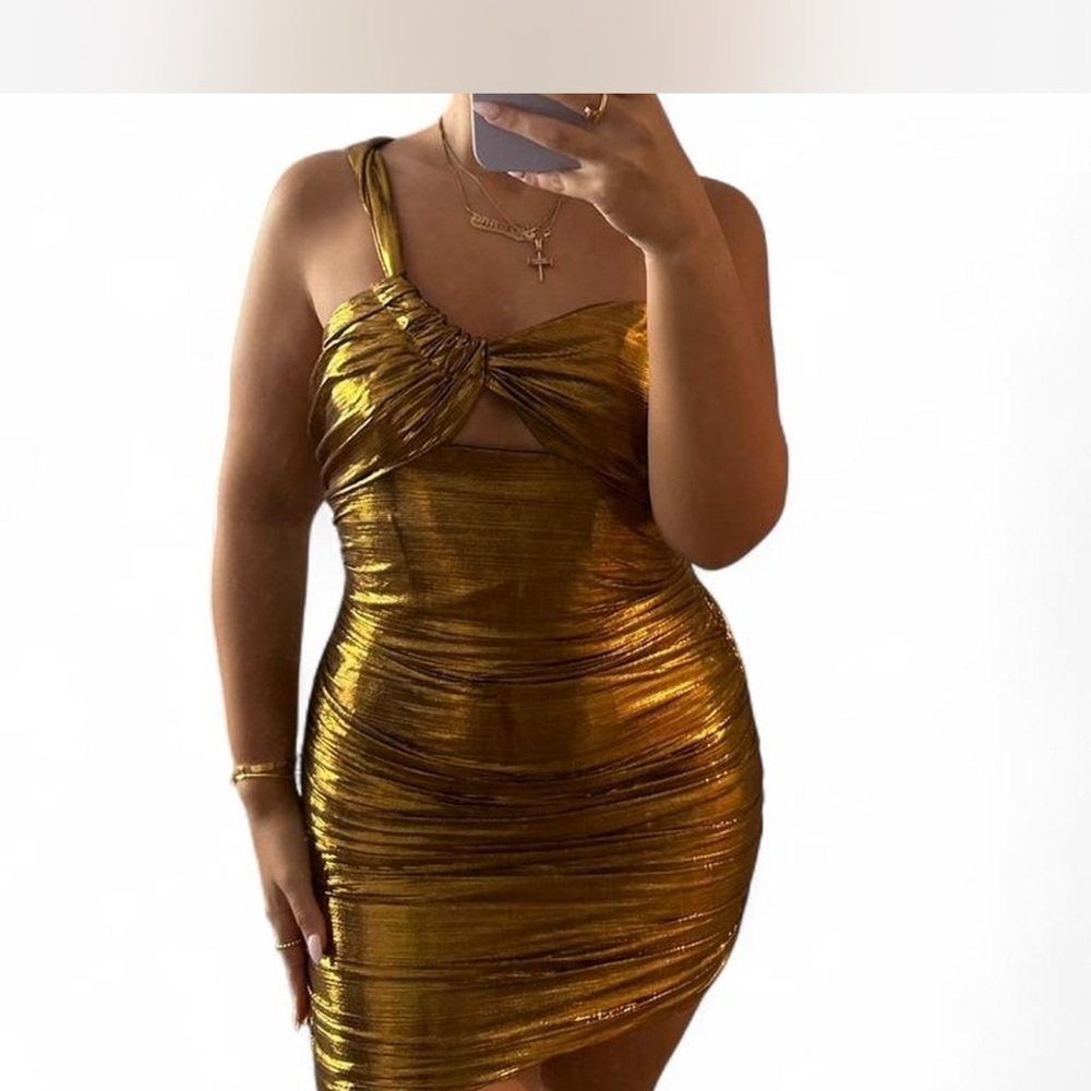 Gold Metallic one shoulder mini dress